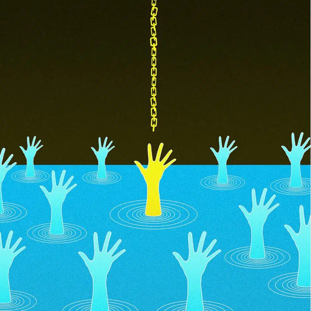 hands coming out of the water with one hand reaching for a chain
