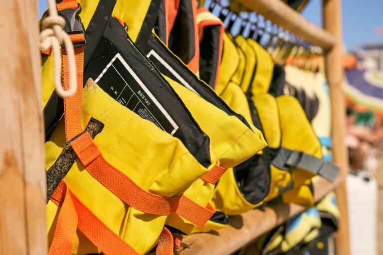 row of hanging lifejackets to demonstrate the importance of natural water safety